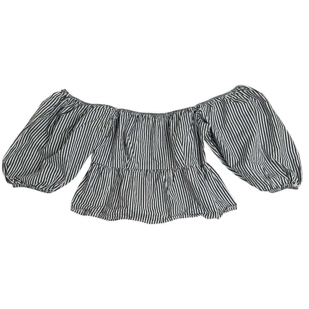 Sim and Sam Crop Top S Black and White Off Shoulder Peasant Blouse Puff Sleeve